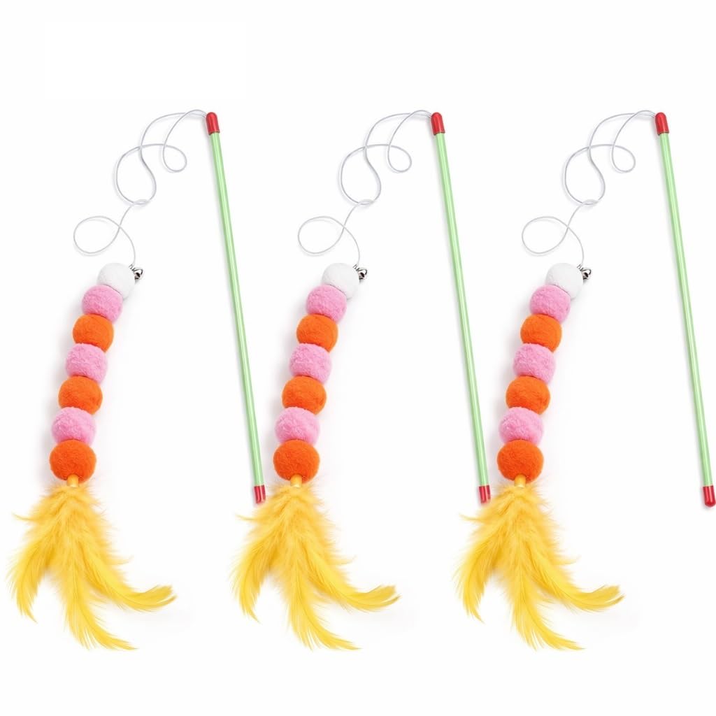 ZACAL Cat Toy Wand Teaser, Interactive Play Set with Rainbow Ribbon, Feather and Plush Worm Attachments, 3 Pack (Peach with Bell and Feather (Pack of 3)) — image 1