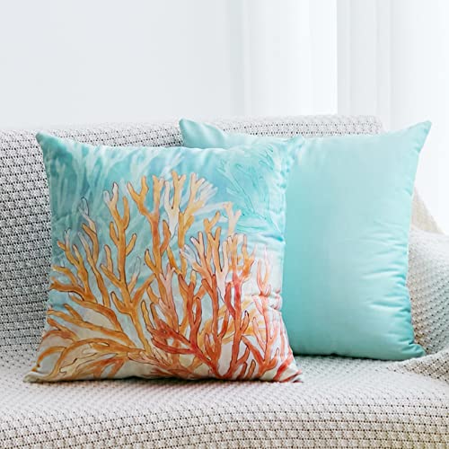 Coastal Throw Pillow Covers 18X18 Inch Nautical Beach Ocean Themed Decorative Pillows Cases Modern Seaweed Coral Cushion Cover For Bed Living Room Couch Sofa Decor Set Of 2, Orange And Blue #TOP2
