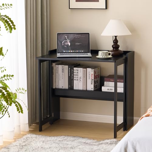 Renunbry Small Folding Desk with Storage Shelf, 32.6 Inch Foldable Computer Desk for Small Spaces, Space Saving Murphy Writing Table for Bedroom, Home Office, Dorm and Apartment, Black