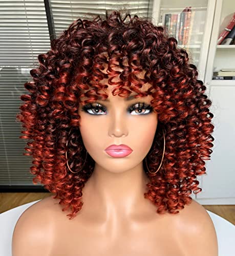 ANNIVIA Ombre Brown Short Curly Afro Wig with Bangs for Black Women Afro Curly Hair Wig 14inch (Black to Orange)