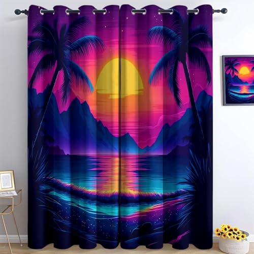 Cortinas Opacas 2 Piezas Palmeras Y Montañas Al Atardecer, Cortinas Salon Cortinas Termicas aislantes Frio y Calor con Ojales para Habitacion Infantil Dormitorio, Colores Neón, 91.5 x 214 cm