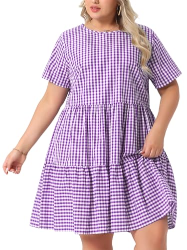 Image of Agnes Orinda Plus Size Gingham Dresses 1950s Vintage Plaid Round Neck Short Sleeve Tiered Midi Summer Dress