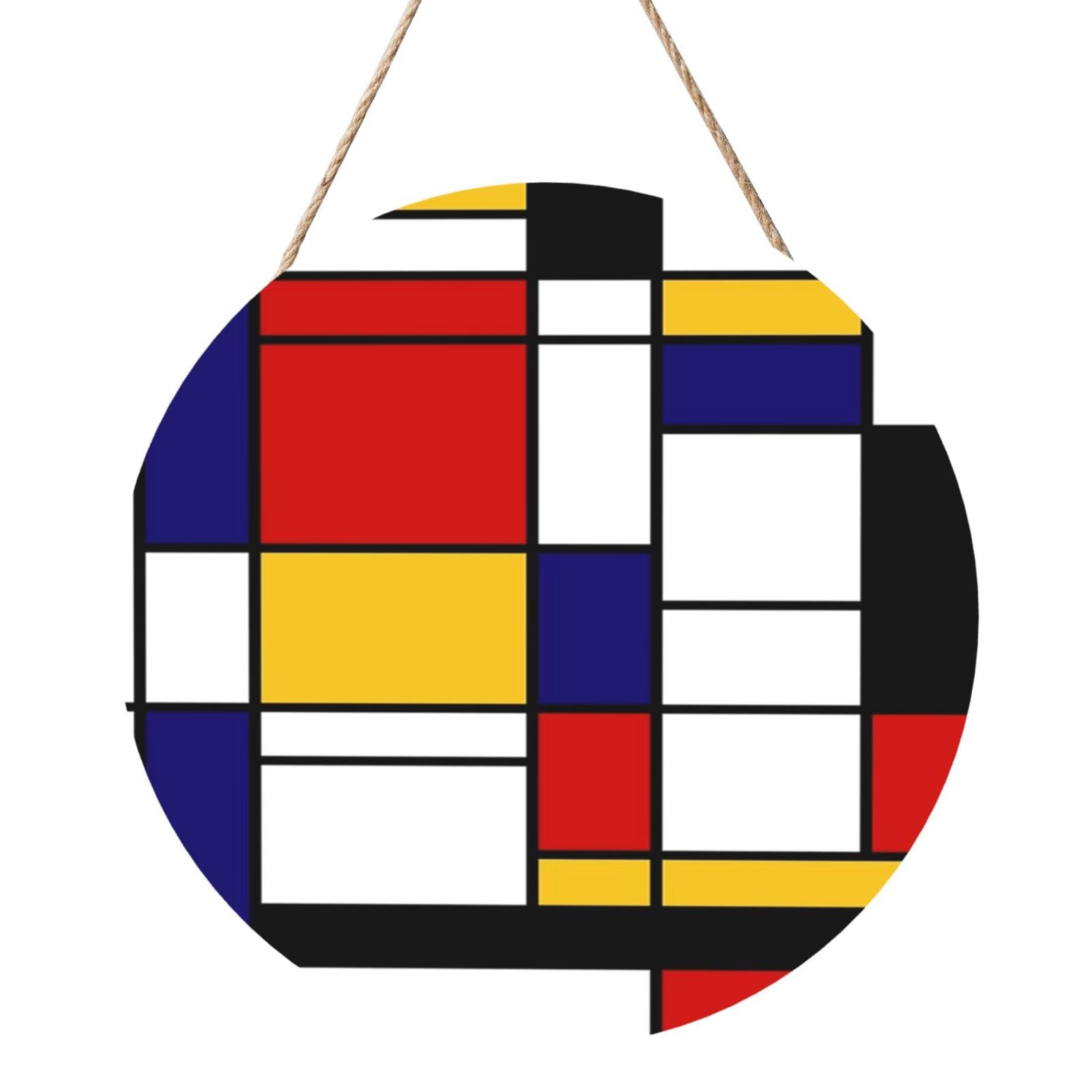 InOmak Artistic Mondrian Style Color Composition Red, Round Wood Panel Painting 12 in, Wall Hanging Painting For Home