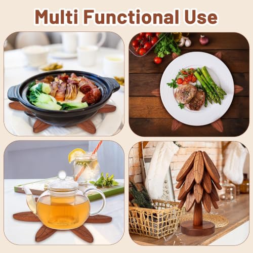 Wood Tree Coaster Set with Stand | Leaf Anti‑Slip Pattern Trivets for Hot Dishes Pots Teapots Bowl | Heat Resistant Kitchen Trivet Set | Natural Wood Home Decor (Texture- 4 Pcs) - image 6