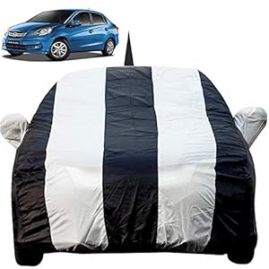 Autofact Car Body Cover for Honda Amaze (2011 to 2017) with Mirror and Antenna Pocket (Light Weight, Triple Stitched, Heavy Buckle, Bottom Fully Elastic, White Stripes with Navy Blue Color )