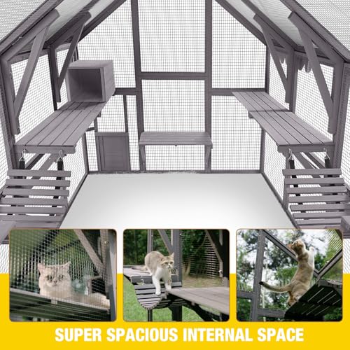 Image of Aivituvin Catio Outdoor Cat Enclosure Large Cat Houses for 8-15 Cats,Kitty House with Resting Box,Bridges,Walks,Waterproof Tarp Roof, 110.2 inch L x 73.9 inch W x 73.7 inch H