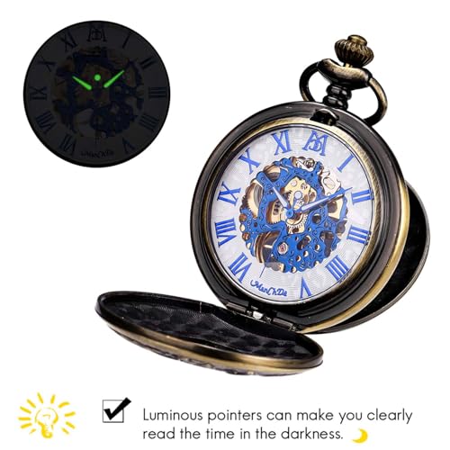 Image of ManChDa Mechanical Roman Numerals Dial Skeleton Pocket Watches with Luxury Wooden Box and Chains for Mens Women