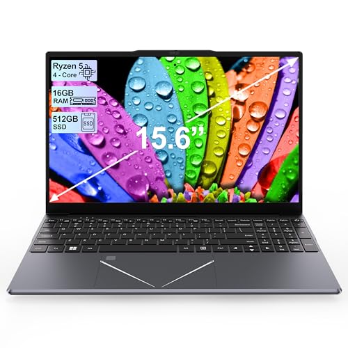 15.6 Inch Laptop, Quad-Core Ryzen 5 Up to 3.7GHz (Beat N95 N5095), 16GB RAM, 512GB SSD, Full HD IPS, Laptop Computer with Fingerprint Unlock Support 2.4G/5G WiFi, BT5.0, Type-C, USB3.0, Mini HDMI