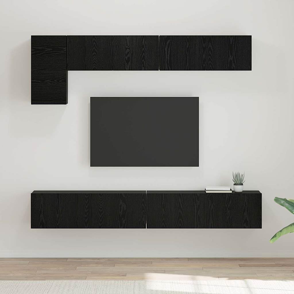 5-Piece Wall Mounted TV Cabinet Set, Black Oak | Features durable engineered wood and hinged doors, providing modern storage for living room media centers.