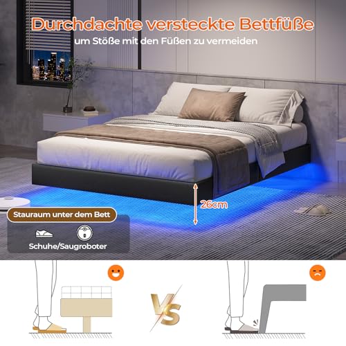 DICTAC Bett 140x200 mit Verstellbarer Beleuchtung,Bettgestell 140x200 mit weicher Polsterung, Floating Bed Frame, Gepolstertes Jugendbett für Schlafzimmer, Gästezimmer, Leichte Montage, Schwarz