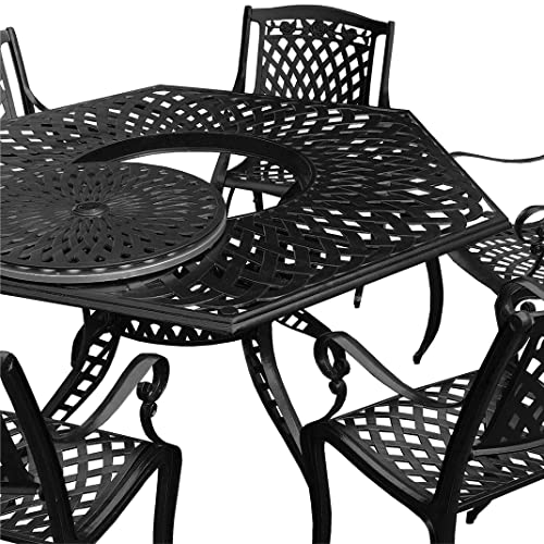 Image of Oakland Living 1822-1855(6)-LBK Modern Ornate Outdoor Mesh Aluminum 63-in Large Black Hexagon Patio Lazy Susan and Six Chairs Dining Set