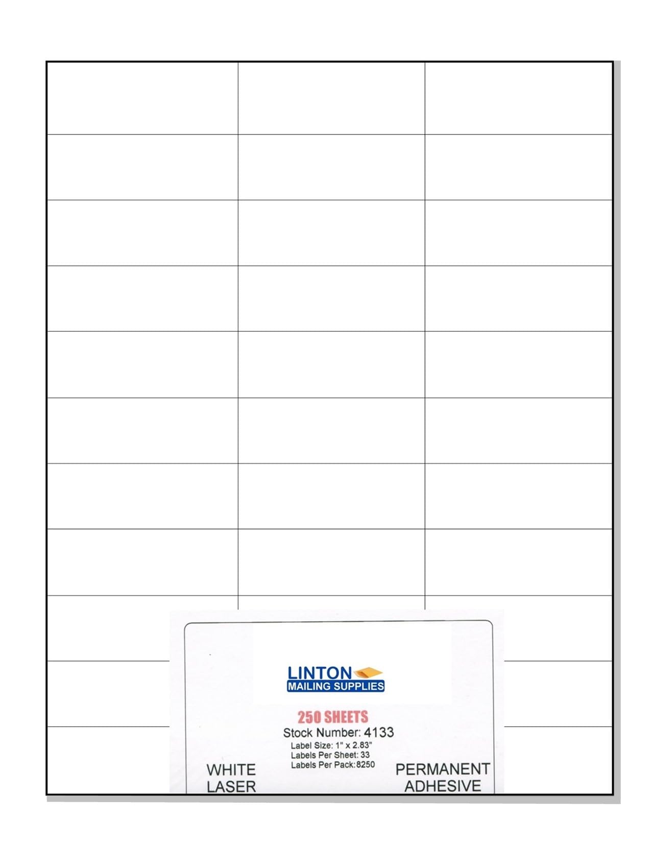 Adhesive Laser-Print Labels, White Blank, 1" x 2.83", 33 Per Sheet (8.5" x 11"), Peel Off, Permanent Adhesive - Box of 250 Sheets (4133)