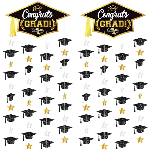 Image of Graduation Decorations 2026, Black and Gold Graduation Cap Garland - Pack Of 2, No DIY | Congrats Grad Garlands for Graduation Cap Decoration | Graduation Party Decorations 2026, KatchOn