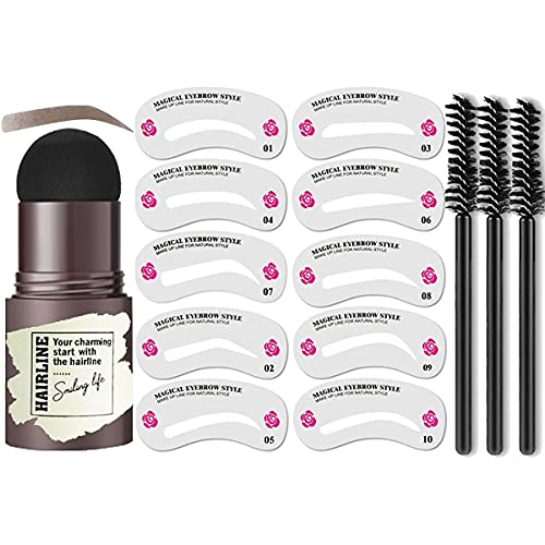 Eyebrow Stamp Shaping Kit Eyebrow Definer Wateoroof Hairline Shadow Powder Stick with 10 Reusable Eyebrow Stencils and 3 Eyebrow Brushes(Grey Brown)