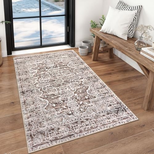 KUTA Vintage Floral Rug 3x5 Area Rugs for Living Room Brown Washable Kitchen Carpet Non-Slip, Ultra Soft Printed Distressed Tribal Entry Low-Pile Throw for Bedroom Home Décor