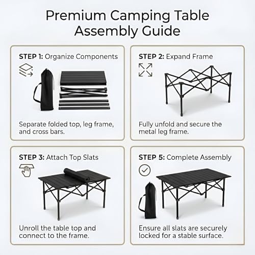 Image of Kraptick Portable Metal Folding Camping Table with Roll-Up Tabletop Lightweight Outdoor Long Table with Carry Bag Compact & Durable Folding Table for Camping, Picnic, Beach & Travel Use (Black)