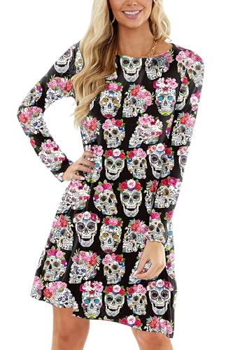 Arankhiger Halloween Damen Kleid Vintage Cocktailkleid Grafikdruck Schädel Partykleid Langarm Karneval Kleid Schädel XL