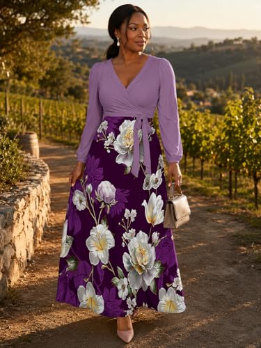 Image of PinkPatty Plus Size Dresses for Curvy Women V Neck Flowy Long Sleeves Wrap Maxi Dress Travel Vacation Outfits