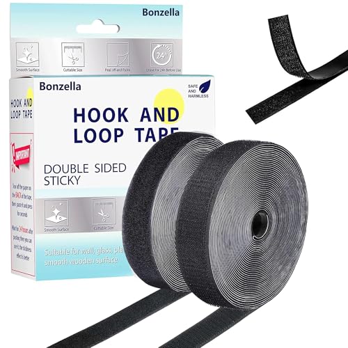 Image of Bonzella Self Adhesive Hook and Loop Tape, Mosquito Net Mounting Tape for Office Use, Photo Frames, Multipurpose Double Sided Adhesive Hook Loop Tape for Crafting & Wall Hanging Black (25m X 25mm)