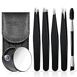 Hebterrka Set di Pinzette 6 Pezzi con Specchio Ingranditore 30X, Include Pinzette Piatte, Angolate, Appuntite e Oblique, Pennello per Sopracciglia per Depilazione e Cosmetica Precisa