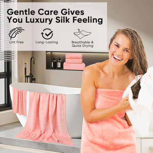 Image of Orighty 6-Piece Towel Set - Soft & Lightweight - 2 Bath Towels, 2 Hand Towels, and 2 Wash Cloths - Absorbent & Quick Drying Microfiber Towel for Multipurpose, Bathroom, Gym, Sport, Yoga, Travel - Pink