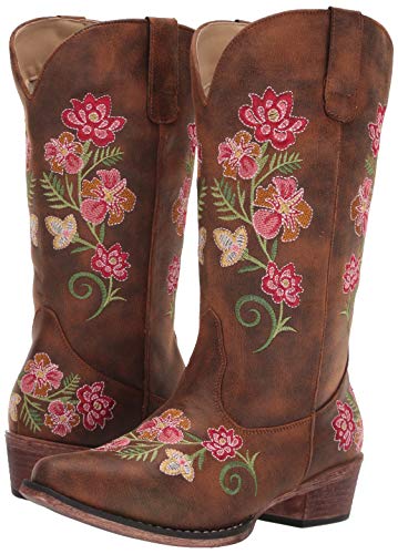 Image of ROPER Womens Riley Floral Embroidered Snip Toe Casual Boots Mid Calf Low Heel 1-2 inch - Brown