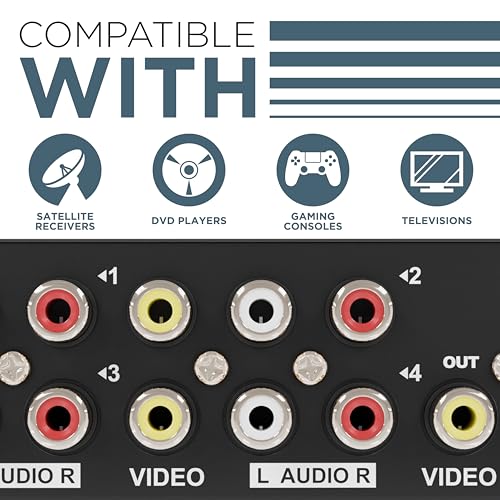 THE CIMPLE CO Video Switcher, 4-Way A/V Switch, RCA, Retro Game Consoles, 4 Input/1 Output Selector, Composite Audio and Video, Box, Includes Cable, Black