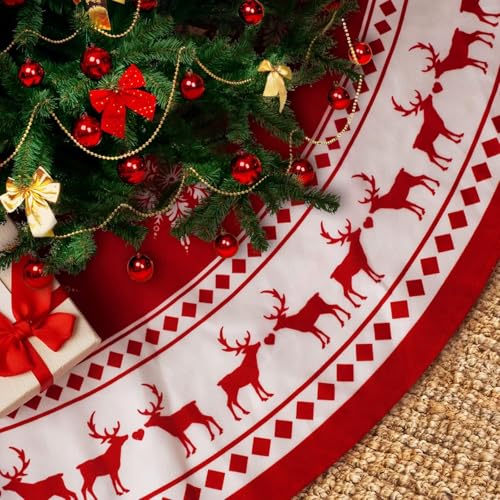 Reviews de Faldas para el árbol Top 10. 50 SHOUS Falda de Árbol de Navidad Rojo, 120CM Tela navideña Falda, Diseño de Copos de Nieve y Alce Reno Decoracion, Navidad árbol Pie para Decoraciones de Navidad, Fiestas,...