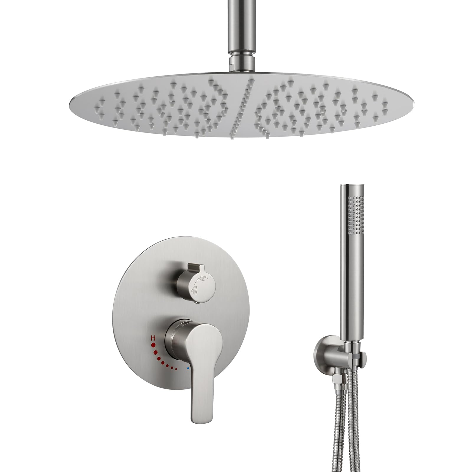 Brushed Nickel Shower Faucet Set- Rainfall Shower System Has 12 Inch Rain Shower Head with Handheld Sprayer and Brass Valve for Bathroom Shower Fixtures
