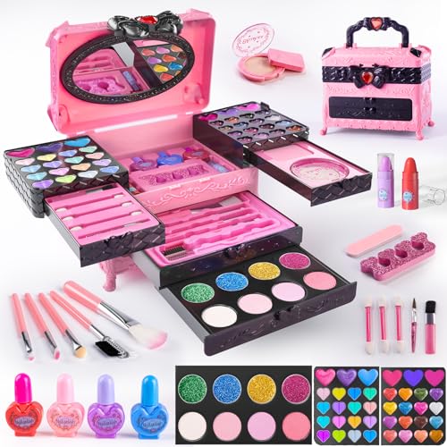 Kids Makeup Sets for Girls, 66pcs Real Cosmetic for Kids Toys with Mirror, Princess Washable Girls Makeup Kit, Non-Toxic & Safe Brithday Gifts for 3 4 5 6 7 8 - 12 Years Old(Pink Black)
