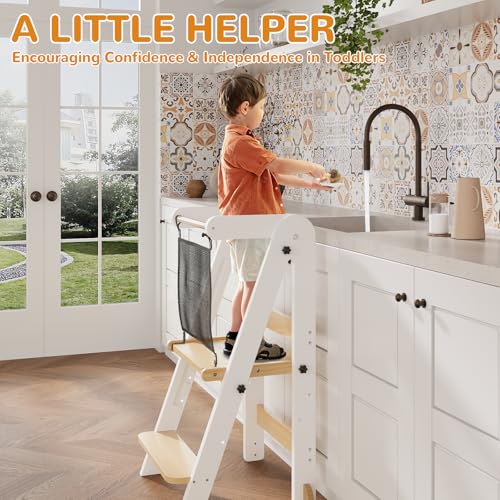 Image of ROOMTEC Foldable Toddler Kitchen Tower, 3 Adjustable Height Wooden Learning Stool, Toddler Standing Tower with Safety Net for Kitchen Bathroom Sink Counter (White)