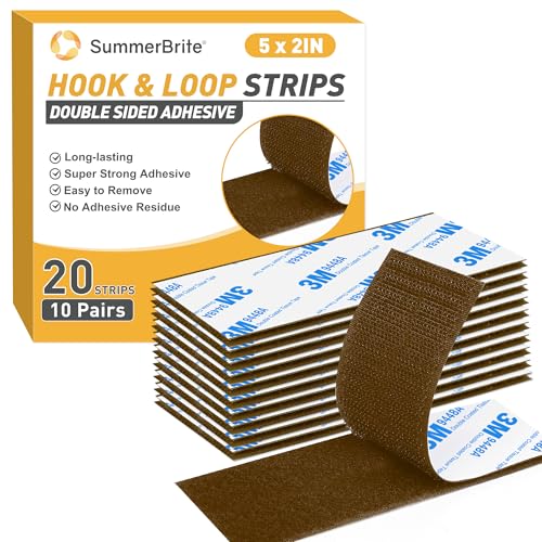 Image of Hook and Loop Strips with Adhesive 2x5IN 10Pairs /20Strips, Brown Strong Sticky Back Fastener, Heavy Duty Double-Sided Adhesive Hanging Strips for Home Office School