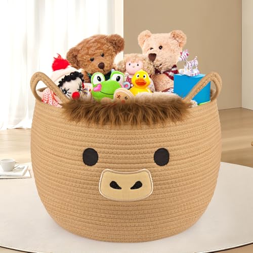 Image of Highland Cute Cow Basket for Nursery, Large Blanket Gift Basket | Woven Rop Cotton Storage, Baby Laundry 0rganizer with Ears Handles, Towels Toy Clothes Gifts Storage Cat Dog Bin,13 inchDx11.5 inchH