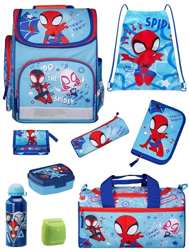 Familando - Schulranzen-Set für Spiderman Fans - Spidey & Friends - 9-teilig mit Lunch-Set - Ergonomisch stabil & mit gepolstertem Rücken - 930g leicht - 15L Volumen - Für Grundschule ab 1. Klasse