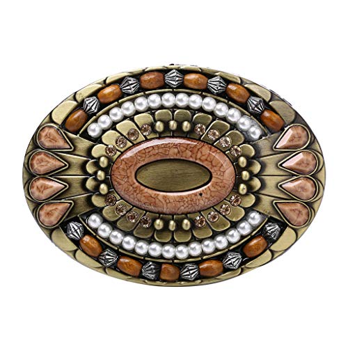 Wan Bohemia Belt Buckle,Celtic Indian Gemstone Totem Oval Style Western Cowboy Design Belt Buckle,Western Cowboy Cowgirl Tiger Eye Stone Belt Buckle for Men Women Oval White Gold Plated
