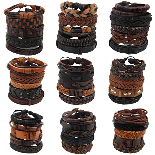JuanMaoJuan Wholesale 50Pcs Vintage Adjustable Leather Bracelets For Women Men Mix Style Black Brown Cuff Bangle Jewelry Party Gifts3