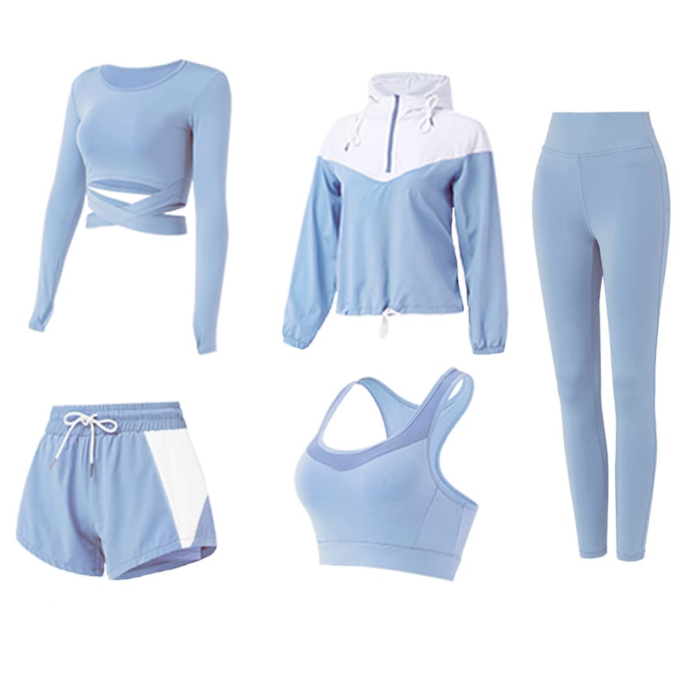 Gecdgzs 5 PCS Workout Sets for Women Yoga Running Outfit Athletic Gym Exercise Clothes Activewear Sets Tracksuit - Blue - Large