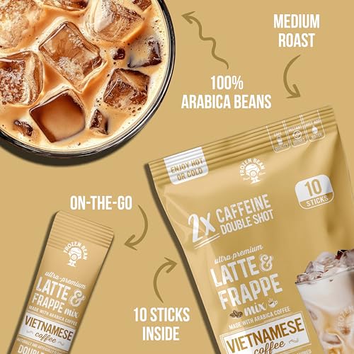 Image of The Frozen Bean Vietnamese Coffee Frappe & Latte Instant Mix (10 Sticks), Made with Arabica Coffee, Double Shot Caffeine, Low Sugar & Premium Ingredients, Hot, Iced, or Blended Drinks