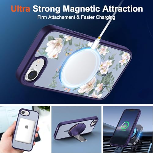 Image of VONZEE Compatible with iPhone 17e / iPhone 16e /SE4, Luxury Retro Flowers Floral Clear for Magnetic Wireless Charging Case Shockproof PC+TPU Cute Glossy Shiny Cover for Girls Women, Deep Purple