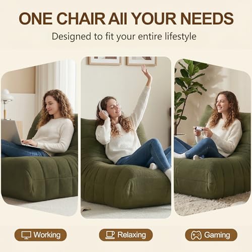 Image of Gazecaia Comfy Bean Bag Chair for Adults Teens | Fireside Floor Lounge Chair, Soft Teddy High-Resilience Memory Foam Bean Bag Couch with Non-Slip Base, for Living Room Bedroom Apartment Office, Green