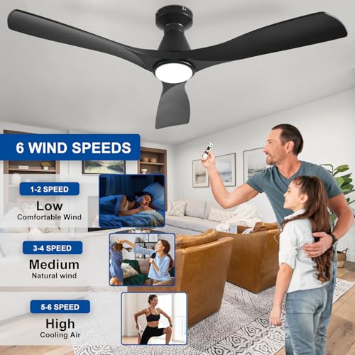 Image of Depuley 52-Inch Ceiling Fans with Lights: Black 3 Blade Flush Mount Low Profile Ceiling Fan for Bedroom - Dimmable Indoor Outdoor Fan with Remote Control Ultra Quiet DC Motor Timer