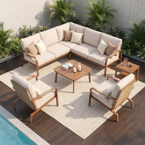 YURDAFY 5-Piece Aluminum Patio Furniture Set, Outdoor L-Shaped Sectional Sofa with Coffee Table & Side Table, Patio 3-Piece Sofa Set, Thick Waterproof Cushions, Modern Outdoor Conversation Set, Beige