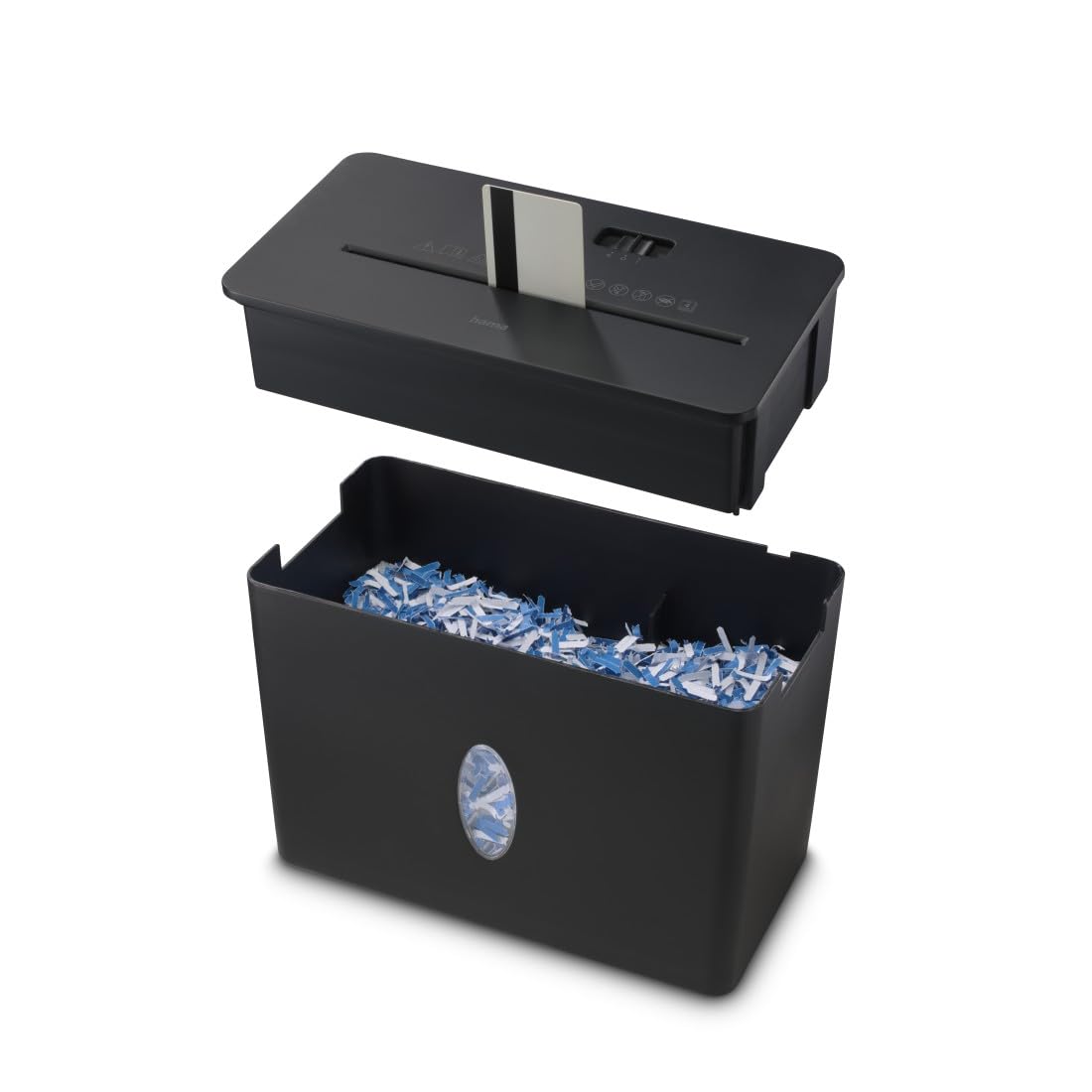 Hama |Trituradora Papel Nivel Seguridad E-3,P-4,T-4, Negro | Destructora Papel, 29,5x15,5x20,7cm, Niv Ruido: 64db, Velocidad: 1,8m/min, 4x33mm Corte, 4 Hojas A4, Tarjetas crédito, Grapas