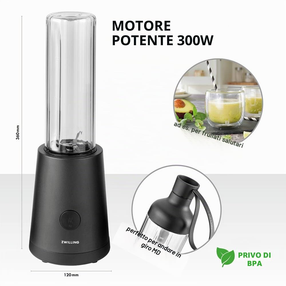 ZWILLING 36420-010-0 Frullatore, Smoothie Maker, Bottiglia con Tappo, 600 ml, 300 Watt, acciaio inossidabile/Plastica, Nero