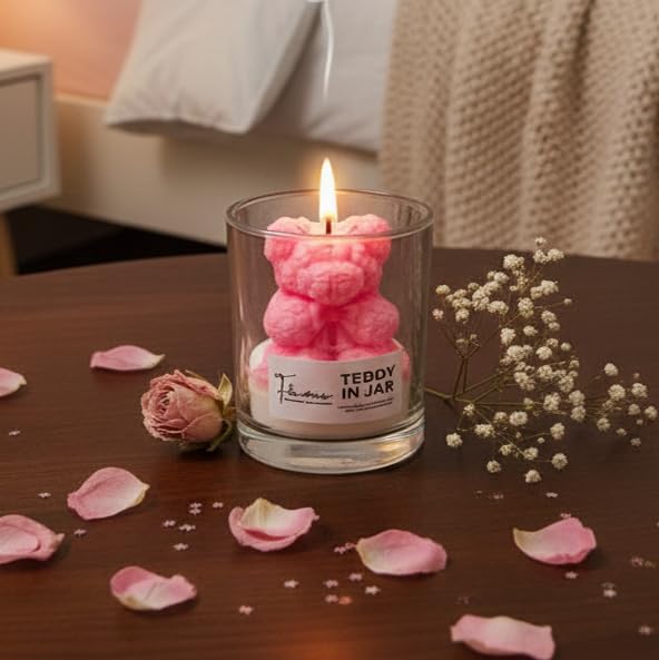 Image of Adorable Pink Teddy Bear Scented Jar Candle | 3D Bear with Heart in Glass | Classic Rose Fragrance | Hand-Poured Soy Wax | Perfect Diwali Gift, Birthday Gift for Girlfriend, Cute Home Decor