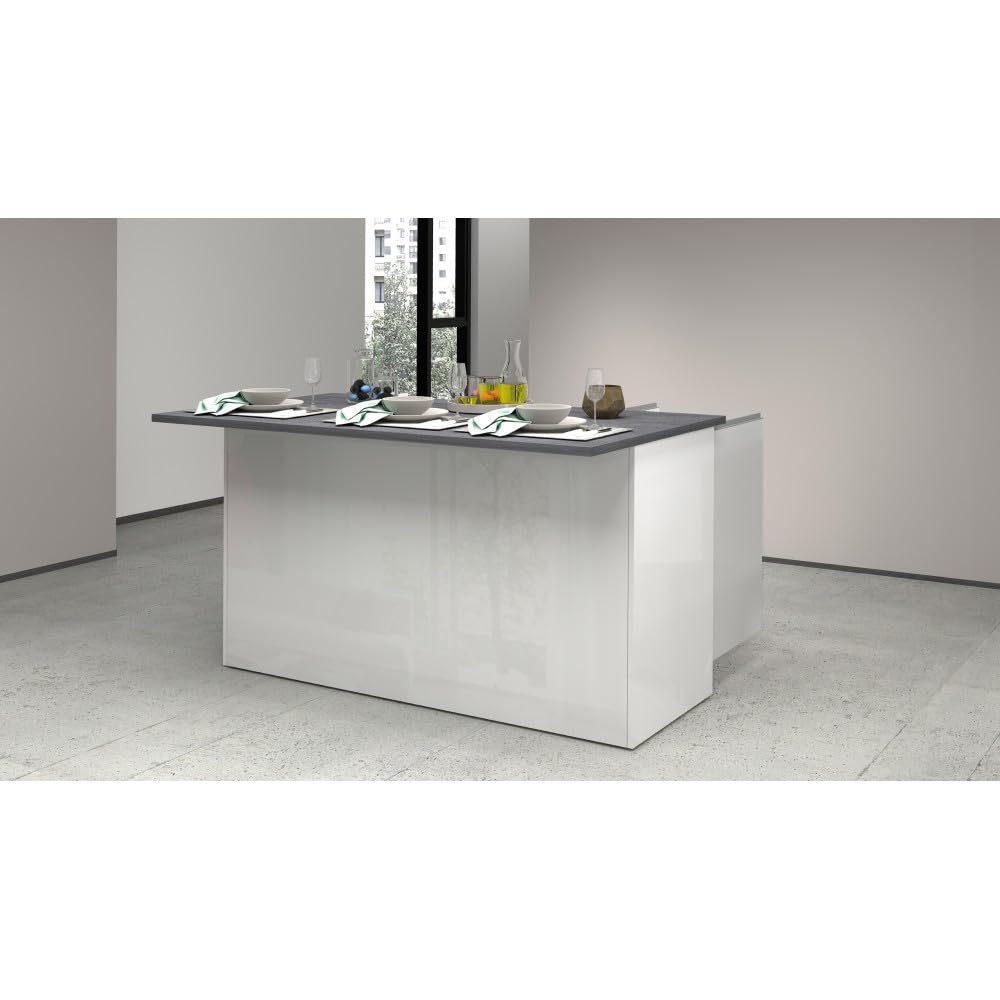 VE.CA - Isola Cucina Clarissa con Piano Lavoro 90x155x90 cm, Made in Italy - Mobile Cucina Moderno, Credenza con 3 Ante - Ideale come Tavolo da Pranzo - Bianco Lucido/Report