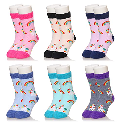 Baby Fuzzy Grip Slipper Socks Toddler Anti Skid Plush Fluffy Cute Animal Little Kids Boys Girls Grippers Cozy Socks (6 Pairs Unicorn B, 1-3 Years)
