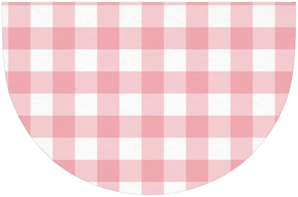 Half Round Door Mat Indoor Entrance,Pink Buffalo Plaid Doormat Rubber Washable Outdoor Welcome Front Porch Floor Mat Half Circle Rugs for Entryway