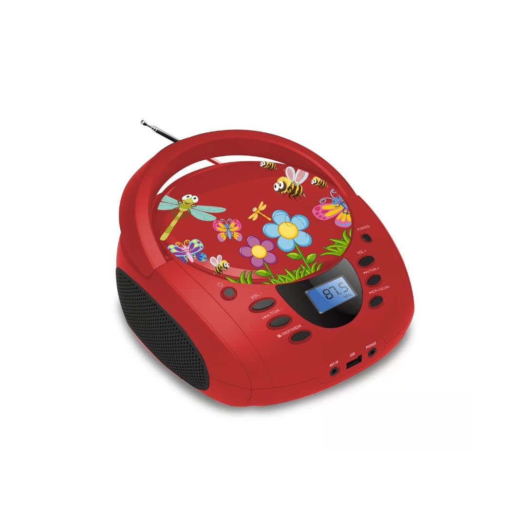 WE Lecteur - Radio CD - USB WeKids: FM, Lecteur CD/CD-R/CD-RW/MP3, RMS2*2W, entrée Aux et Micro, modèle Rouge Insecte