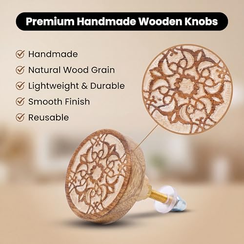 Image of Indianshelf 6 Pieces Wood Brown Floral Boho Cabinet Knob Set Handmade Unique Round Drawer Pulls Handles Wardrobe Kitchen Furniture Decorative Wooden Dresser Knobs for Kids Room